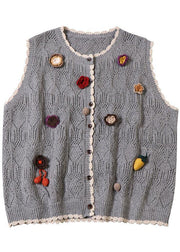 Natural Grey Hollow Out Button Floral Fall Knit Vest - SooLinen