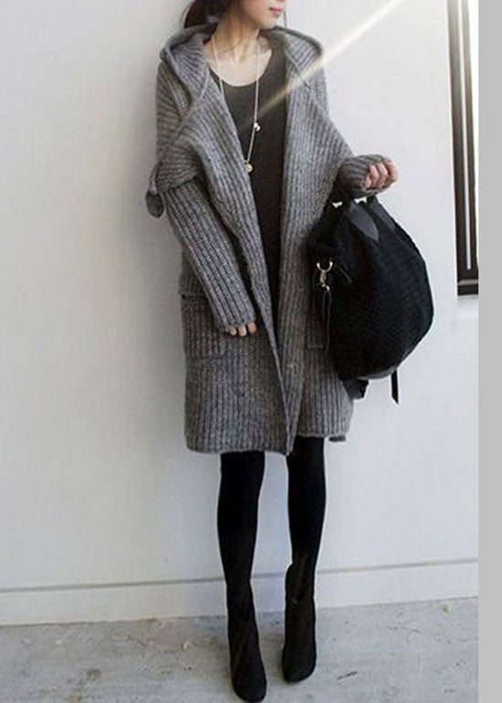 Natural Grey Hooded Pockets Knit Sweater Long Coat Winter
