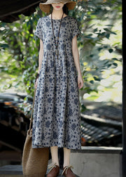 Natural Grey O-Neck Patchwork Print Linen Long Dress Short Sleeve