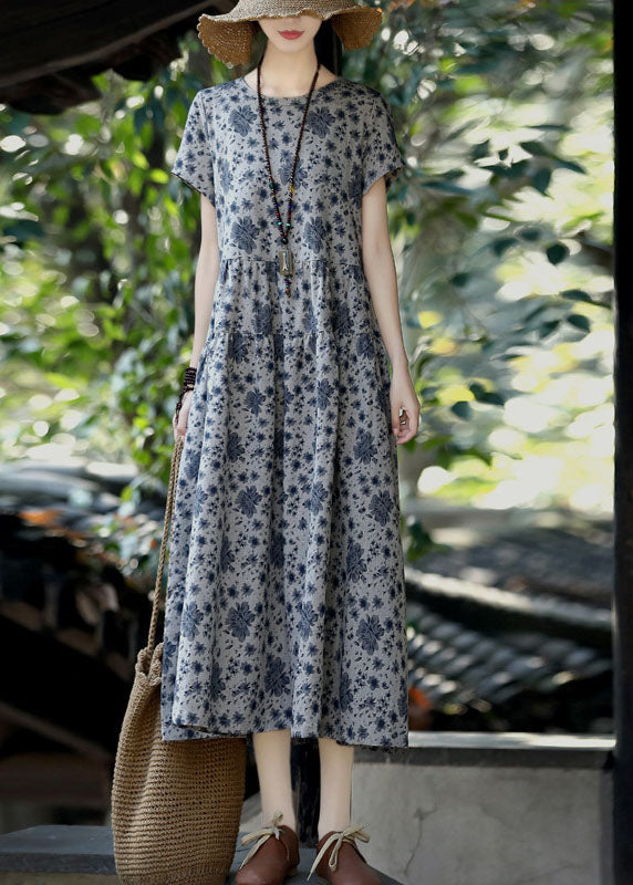 Natural Grey O-Neck Patchwork Print Linen Long Dress Short Sleeve
