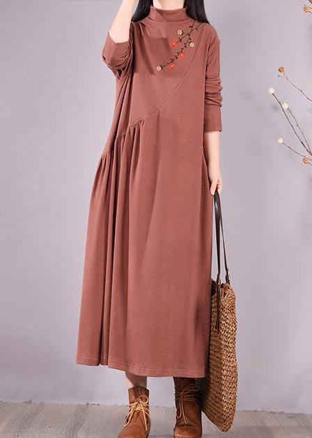 Natural High Neck Cinched Spring Tunic Fabrics Brown Embroidery A Line Dress - SooLinen