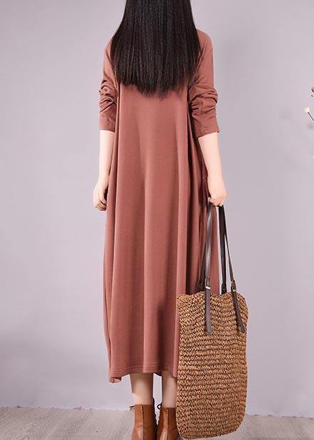Natural High Neck Cinched Spring Tunic Fabrics Brown Embroidery A Line Dress - SooLinen