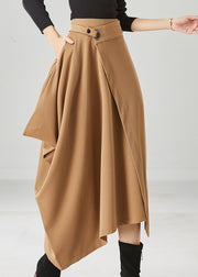 Natural Khaki Asymmetrical Pockets Spandex Skirts Fall