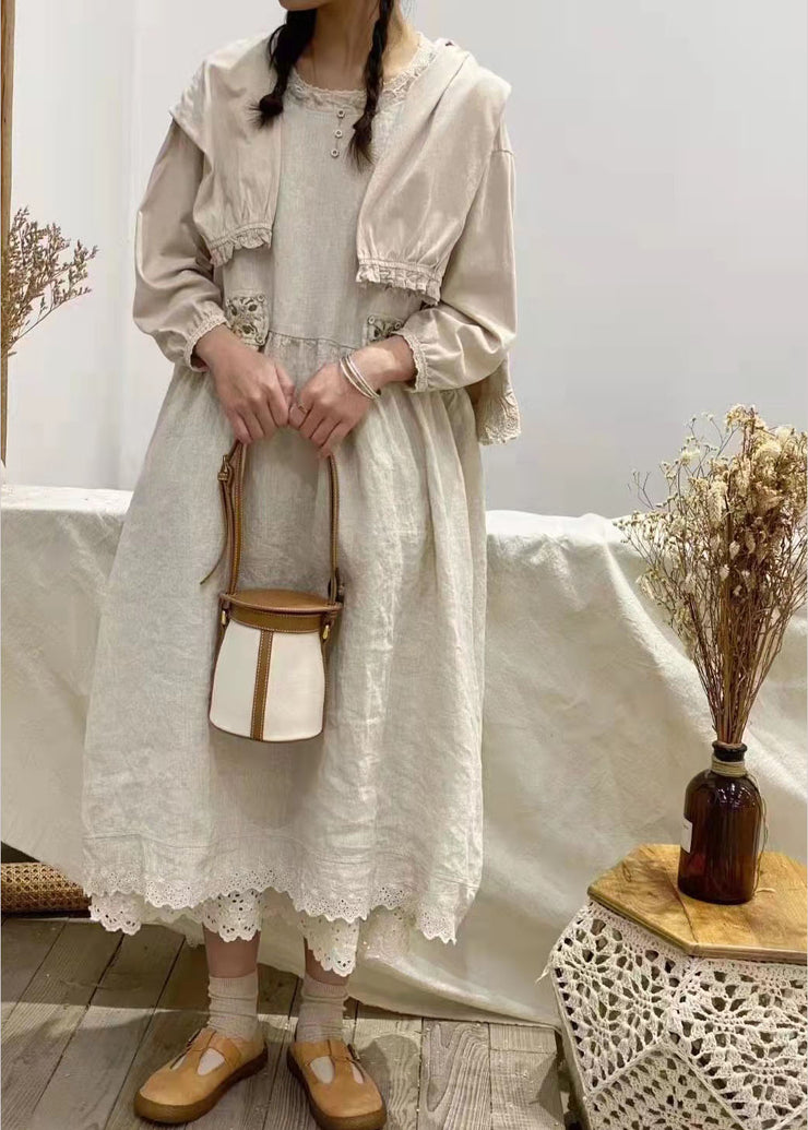Natural Khaki Backless Patchwork Cotton Dress Spring