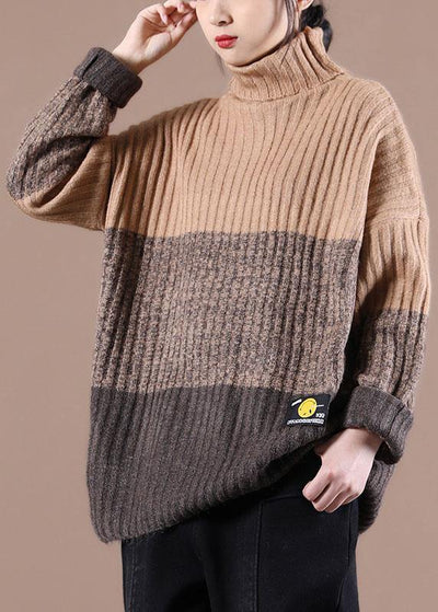 Natural Khaki Colorblock High neck Fall Knit Sweater - SooLinen