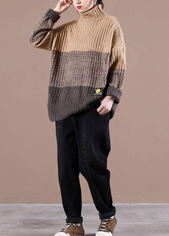 Natural Khaki Colorblock High neck Fall Knit Sweater - SooLinen