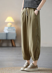 Natural Khaki Elastic Waist Drawstring Pockets Draping Silk Crop Pants Spring