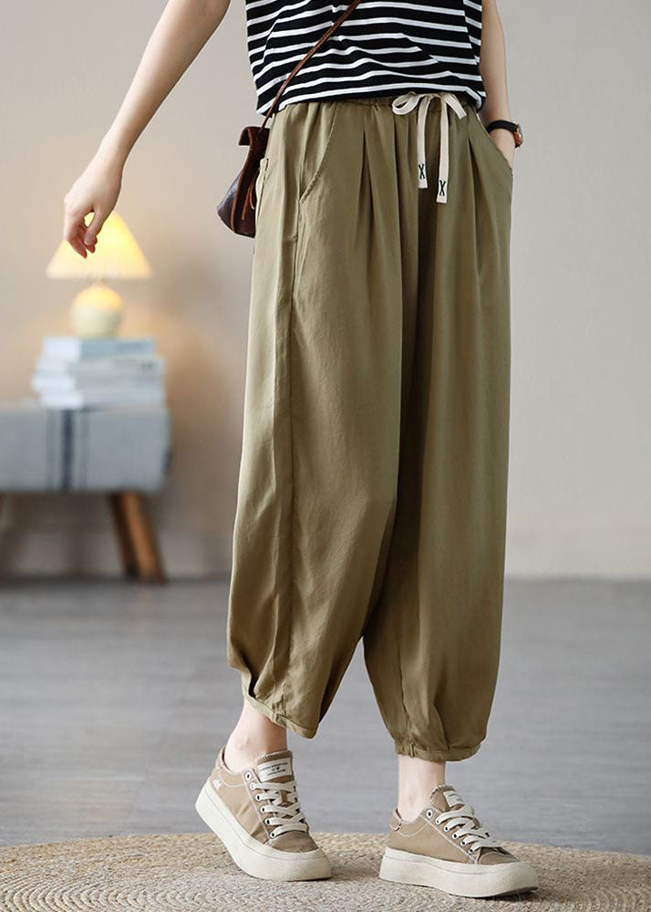 Natural Khaki Elastic Waist Drawstring Pockets Draping Silk Crop Pants Spring