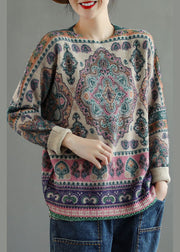 Natural Khaki Loose Print Fall Oriental Knit Sweater