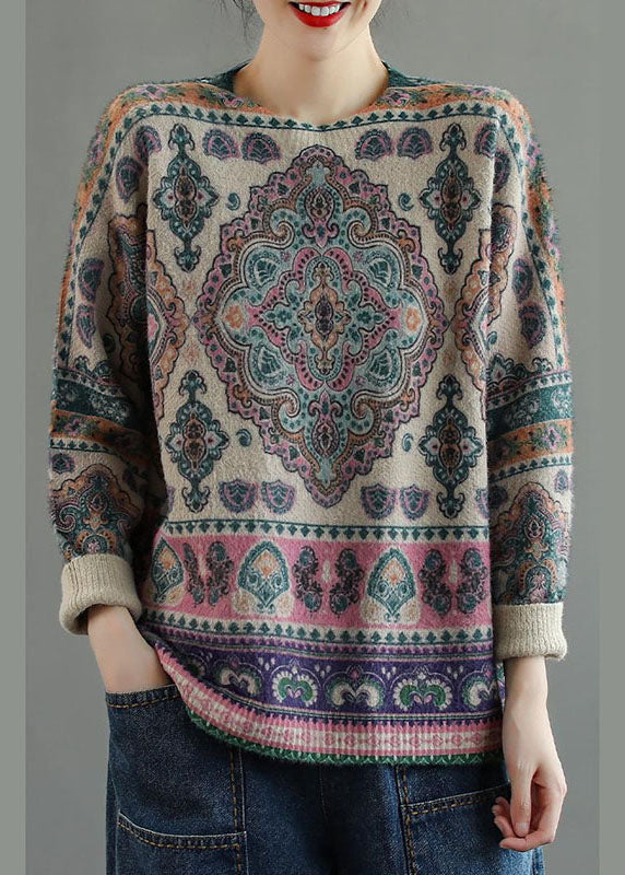 Natural Khaki Loose Print Fall Oriental Knit Sweater