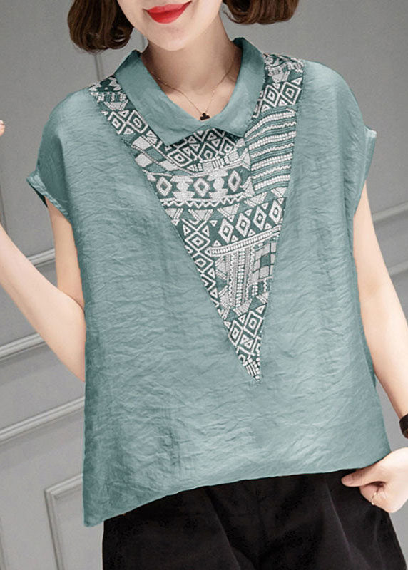 Natural Khaki Turn-down Collar Print Linen Tank Top Short Sleeve