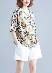 Natural Khaki V Neck Print Cotton T Shirt Top Short Sleeve