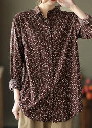 Natural Lapel Spring Clothes For Women Sewing Chocolate Print Blouses - SooLinen