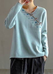 Natural Light Blue Embroidered Oriental Button Wool Knitted Tops Winter