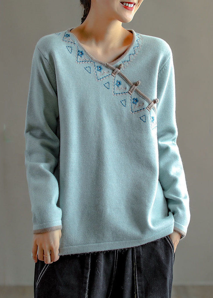 Natural Light Blue Embroidered Oriental Button Wool Knitted Tops Winter