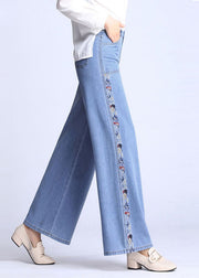 Natural Light Blue Embroidered Pockets Draping Cotton Women's Straight Pants Spring