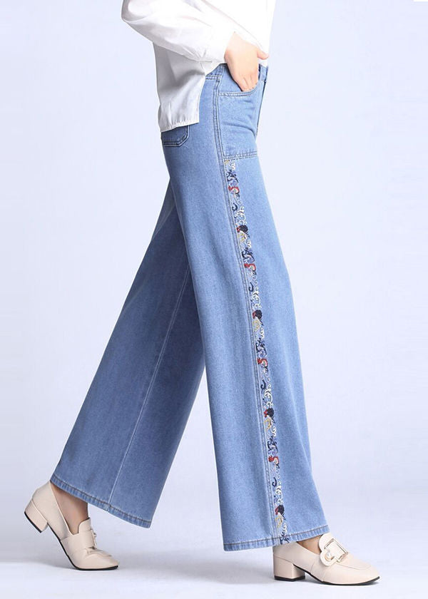Natural Light Blue Embroidered Pockets Draping Cotton Women&