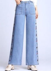 Natural Light Blue Embroidered Pockets Draping Cotton Women's Straight Pants Spring