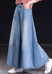 Natürliche hellblaue Taschen mit hoher Taille Baumwolle Hose mit weitem Bein Rock Frühling