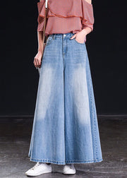 Natural Light Blue High Waist Pockets Cotton Wide Leg Pants Skirt Spring