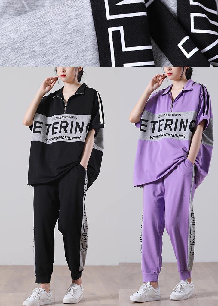 Natural Light Purple Graphic zippered Two Pieces Set Summer Cotton - SooLinen