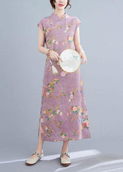 Natural Light Purple Print Button Oriental Mid Dress Summer Cotton Dress - SooLinen