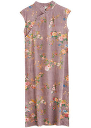 Natural Light Purple Print Button Oriental Mid Dress Summer Cotton Dress - SooLinen