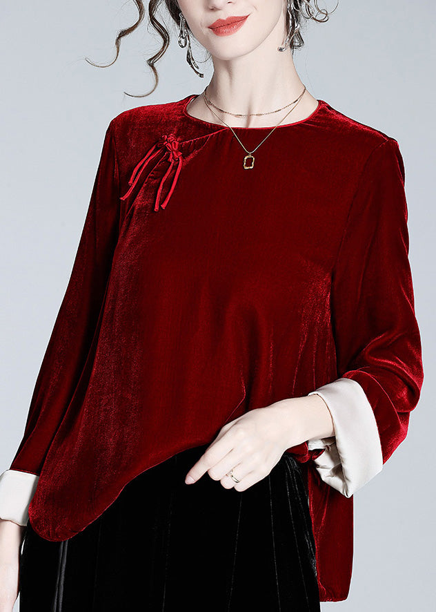 Natural Mulberry O-Neck Side Open Silk Velour Shirts Long Sleeve