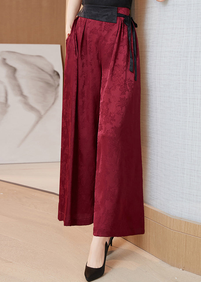 Natural Mulberry Print Pockets Tie Waist Silk Wide Leg Pants Fall