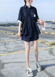 Natural Navy Blue Peter Pan Collar Cotton Shirts And Shorts Two Pieces Set Summer
