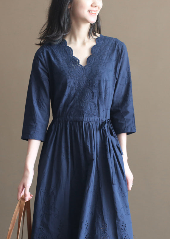 Natürliches Marineblau Kordelzug V-Ausschnitt Bestickte Baumwolle Langes Kleid Armband Ärmel