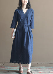 Natürliches Marineblau Kordelzug V-Ausschnitt Bestickte Baumwolle Langes Kleid Armband Ärmel