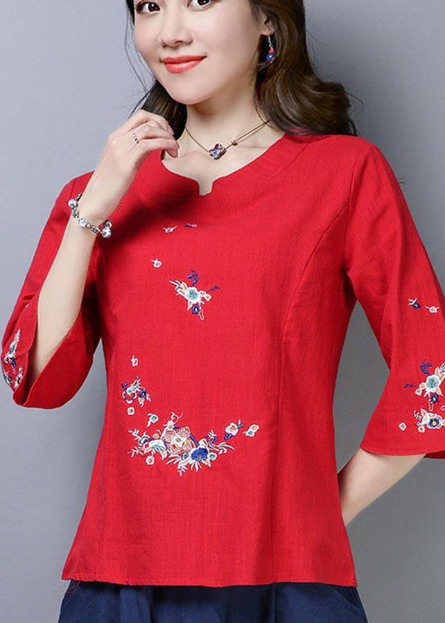 Natural Navy Embroideried Oriental Cotton Linen Shirts Summer - SooLinen