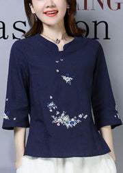 Natural Navy Embroideried Oriental Cotton Linen Shirts Summer - SooLinen