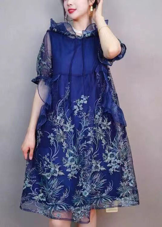Natural Navy Hooded Ruffled Embroidered Patchwork Tulle Mid Dress Summer