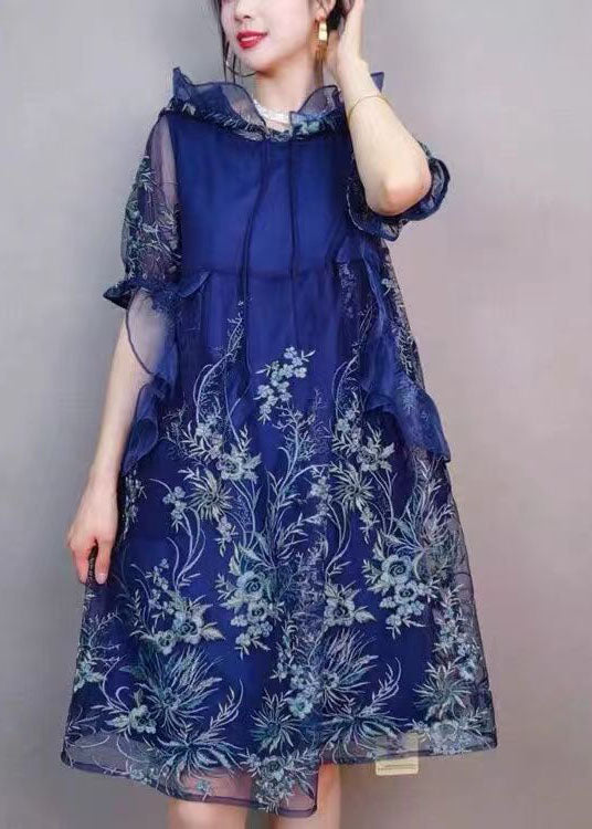 Natural Navy Hooded Ruffled Embroidered Patchwork Tulle Mid Dress Summer