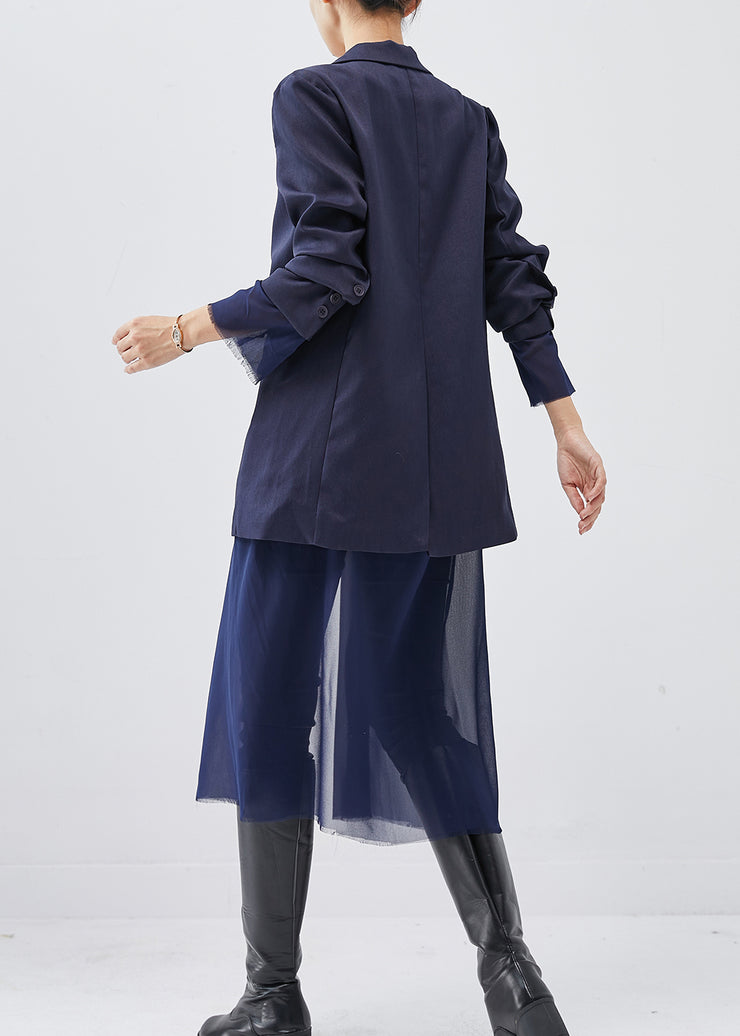 Natural Navy Notched Patchwork Tulle Cotton Coat Spring