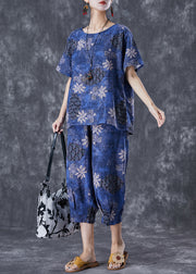 Natural Navy Oversized Print Linen Two Pieces Set Summer