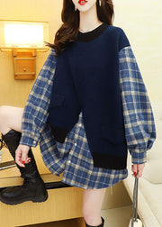 Natural Navy Plaid Patchwork Fall Knit Sweater