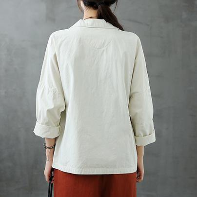 Natural Notched Button Down fall Blouse Shirts white shirt - SooLinen
