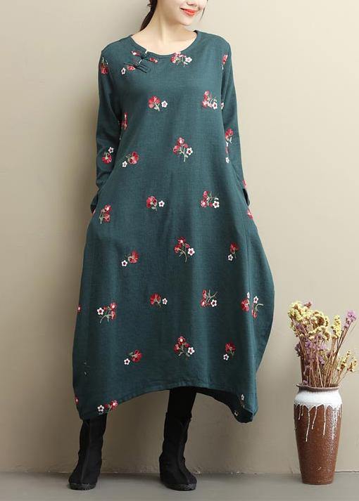 Natural O Neck Asymmetric Spring Clothes Runway Green Embroidery Dress - SooLinen