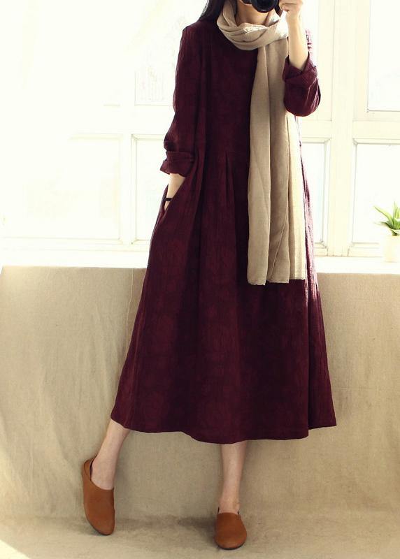 Natural O Neck Cinched Dresses Catwalk Burgundy Jacquard Robe Dresses - SooLinen