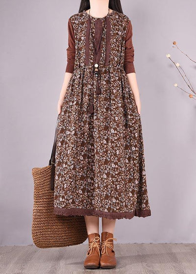 Natural O Neck Lace Spring Clothes Design Chocolate Print Maxi Dress - SooLinen