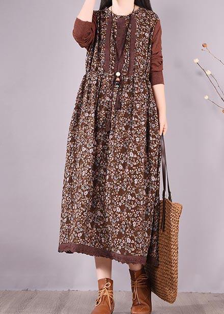 Natural O Neck Lace Spring Clothes Design Chocolate Print Maxi Dress - SooLinen