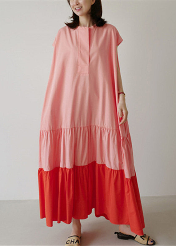 Natürliche Patchwork-Taschen mit O-Ausschnitt, zerknitterte Baumwolle, lange Kleider, kurze Ärmel