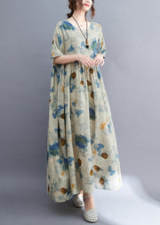 Natural O-Neck Print Wrinkled Long Dress Summer