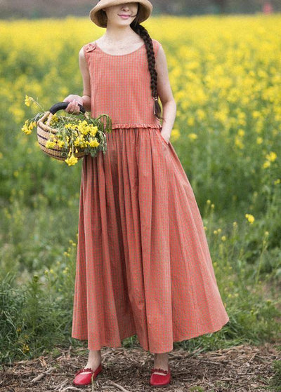 Natural O-Neck Summer Wardrobes Outfits Orange Plaid Sleeveless Dresses - SooLinen