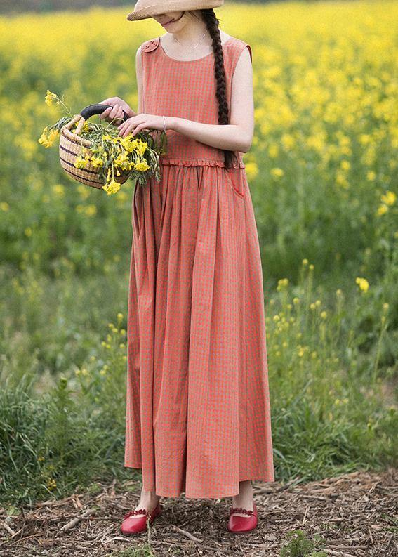 Natural O-Neck Summer Wardrobes Outfits Orange Plaid Sleeveless Dresses - SooLinen