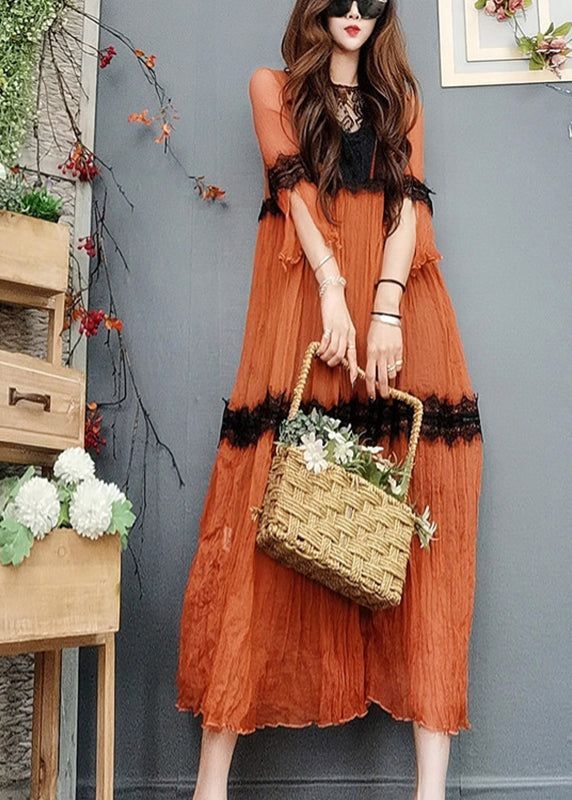 Natural Orange O-Neck Lace Patchwork Silk Maxi Dress Flare Sleeve