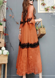 Natural Orange O-Neck Lace Patchwork Silk Maxi Dress Flare Sleeve